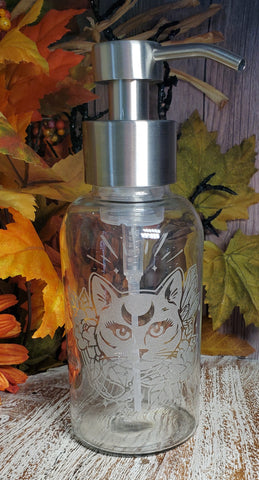 Witchy Cat Face Etched Glass Foaming Soap Dispenser
