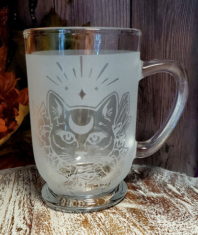 Witchy Cat Face 16oz Etched Glass Mug
