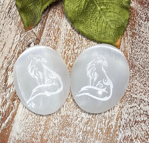 Fox Etched Selenite Pocket/Palm Stone