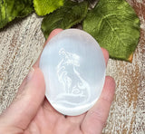 Fox Etched Selenite Pocket/Palm Stone