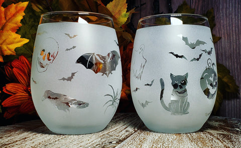 Halloween 16 oz Pair Stemless Wine Glass Set