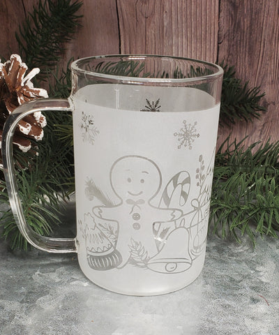 16 oz Gingerbread Man & Snowflakes Borosilicate lightweight Etched Glass Mug