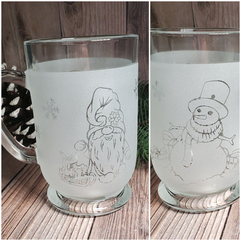 16 oz Gnome and Snowman Etched Glass Mug