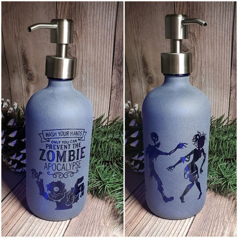 16oz Etched Blue Glass Soap Dispensor