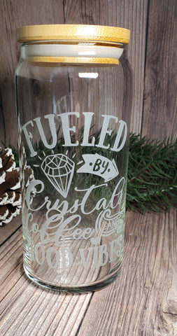 20 oz. "Fueled by Crystals and Coffee" Etched Glass Tumbler With Bamboo Lid & Straw