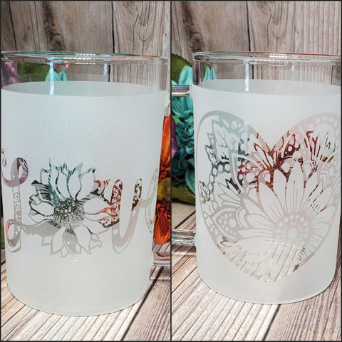 16 oz Borosilicate Lightweight Etched Sunflower Heart Love Mug