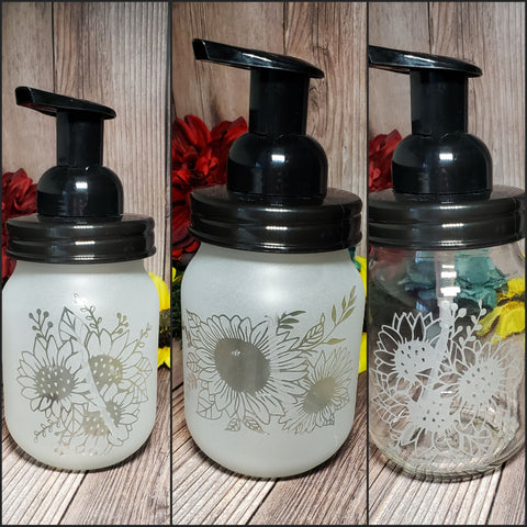 Sunflowers 16 oz Etched Glass Foaming Soap/Sanitizer  Dispensor (Pick design option in drop down menu, diffrent ones available!)