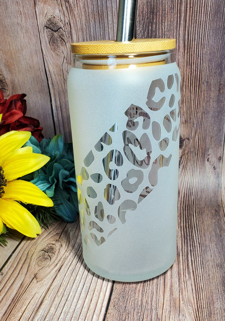 Cheetah Print Clear Glass Coffee Cup with Bamboo Lid and Straw