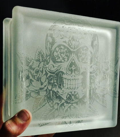 Flower Sugar Skull 6X6 Etched Glass Light Block