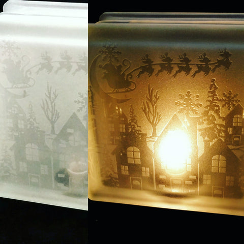 Santa Christmas Scene Etched 6X6 Glass Light Block