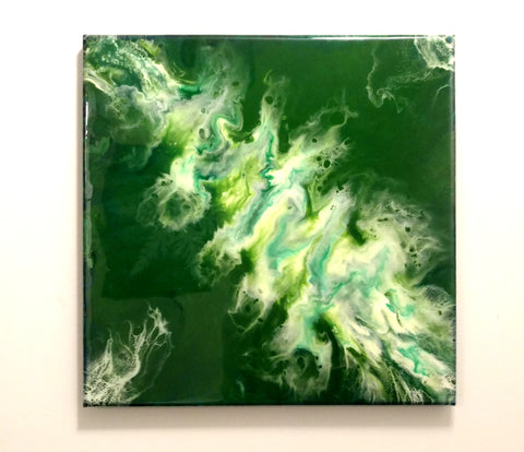 16" x 16" Epoxy Resin High Gloss Wall Art Titled "Into the greens"