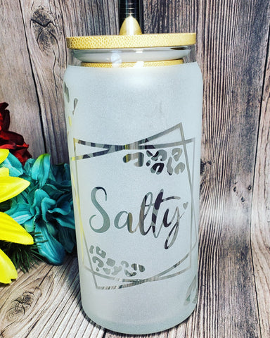 20 oz. "Salty" Leopard Print Etched Glass Tumbler With Bamboo Lid & Straw