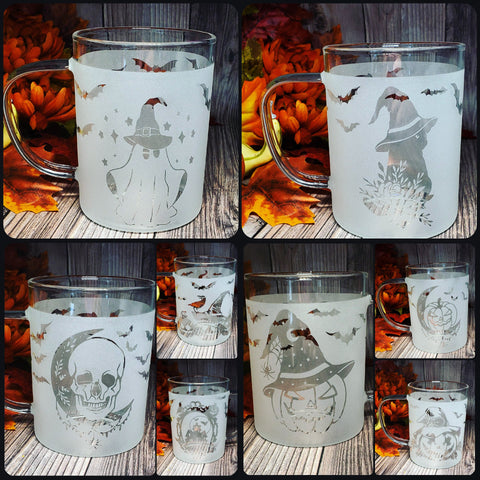 15 oz  Random Surprise Halloween Borosilicate lightweight Etched Glass Mugs
